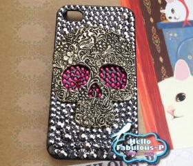 iPhone 4 Case Silver Skull Studded iphone 4s case Plastic Hard Cover Skull Bling Red Eyes Luxury Crystal Rhinestone 