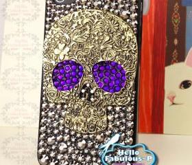 iPhone 4 Case Silver Skull Studded iphone 4s case Plastic Hard Cover Skull Bling Purple Eyes Luxury Crystal Rhinestone 