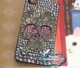 iPhone 4 Case Silver Skull Studded iphone 4s case Plastic Hard Cover Skull Bling Chameleon Gold / Purple Eyes Luxury Crystal Rhinestone 