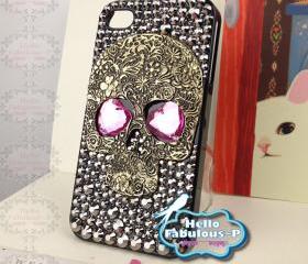 iPhone 4 Case Silver Skull Studded iphone 4s case Plastic Hard Cover Skull Bling Heart Shape Eyes Luxury Crystal Rhinestone 