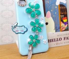 Floral iPhone 4 Case Cover Plastic Blue iPhone 4s Case Cover Studded Floral Cover With Rhinestone Camera Lens Trim
