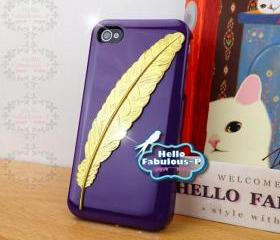 Purple iPhone 4 Case Rhinestone Studded iPhone 4s Case Studded Plastic Cover Phone Case Feather Case Cover