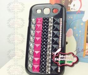 Studs Skull Samsung Galaxy S3 Case studded galaxy S3 i9300 T999 i747 l710 i535 Skull Pink Black Studded Chain Case Rhinestone