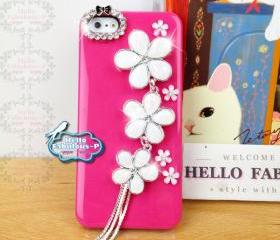 Floral iPhone 5 Case Cover Plastic Hot Pink iPhone 5 Case Cover Studded Floral Cover With Rhinestone Camera Lens Trim