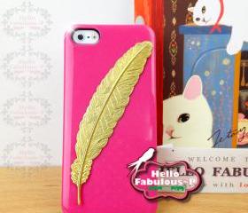 Hot Pink iPhone 5 Case Rhinestone Studded iPhone 5 Case Studded Plastic Cover Phone Case Feather Case Cover