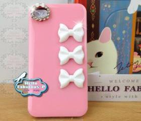 Studded iPhone 4 Case Pink Light Plastic Case Personalized Phone Cover Rhinestone iPhone 4s Kitty Bow Camera Lens Trim