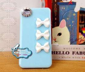 Studded iPhone 4 Case BLUE Plastic Case Personalized Phone Cover Rhinestone iPhone 4s Kitty Bow Camera Lens Trim